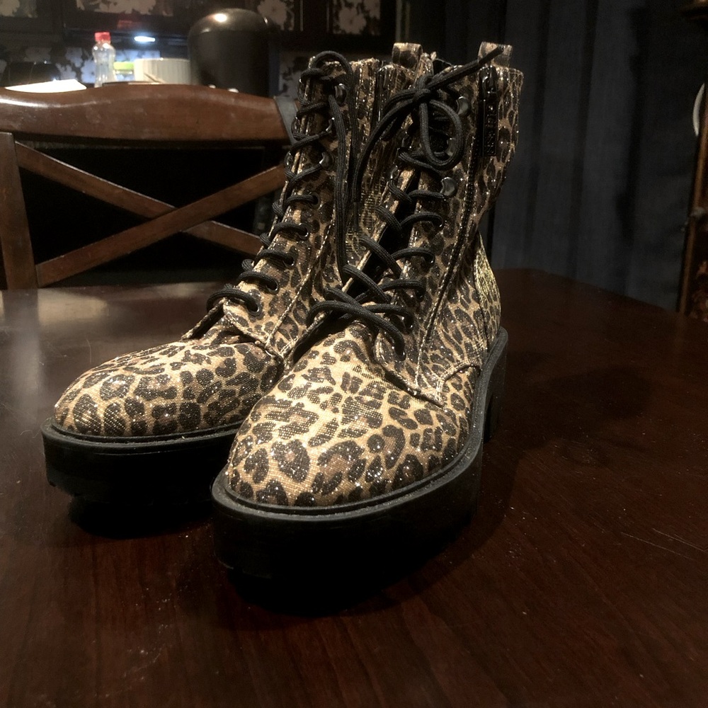 GUESS Fearnea 2 Platform Combat Boots - Sparkle Gold Leopard